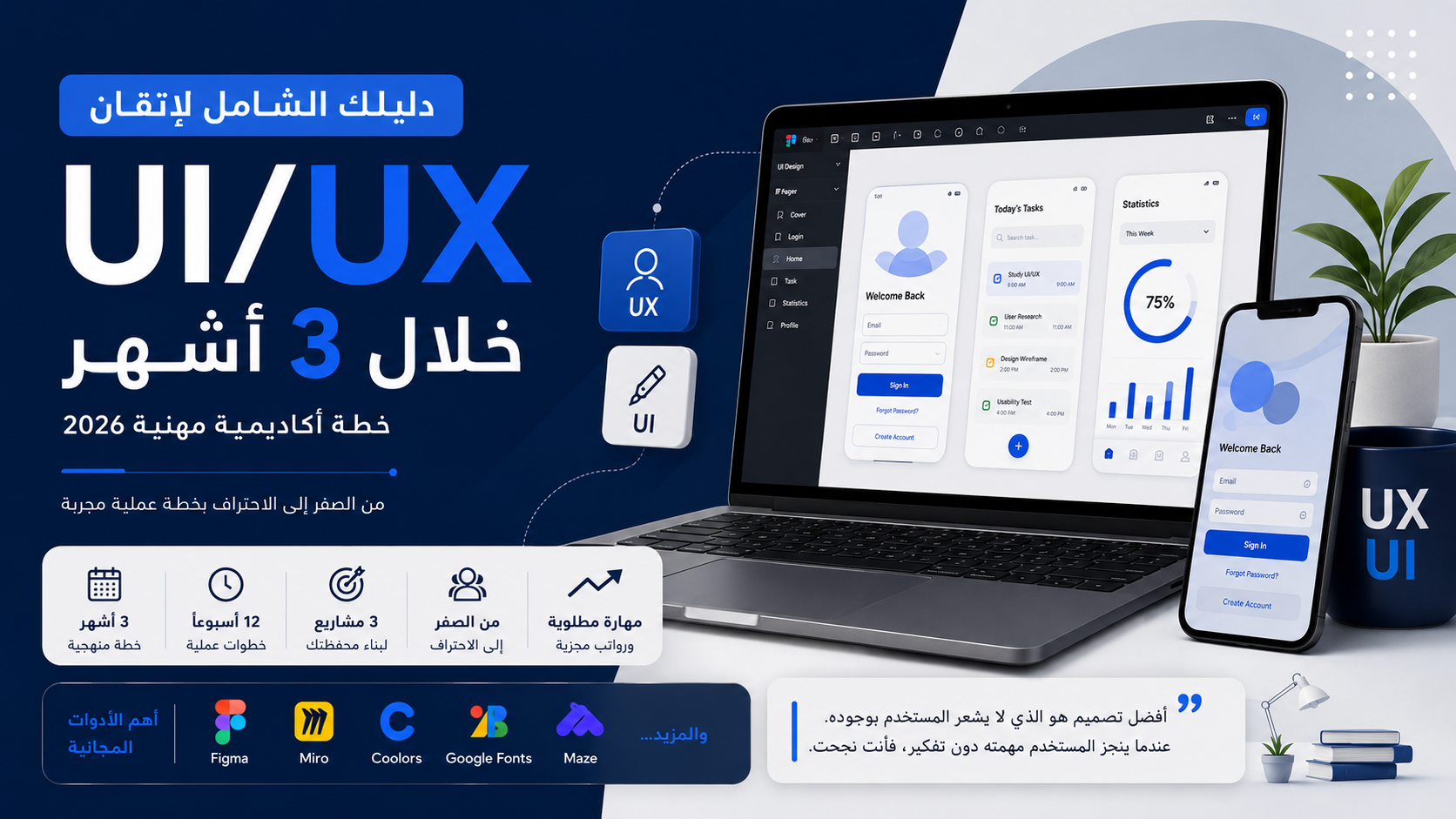 دليلك الشامل لإتقان UI/UX خلال 3 أشهر (خطة أكاديمية مهنية 2026)